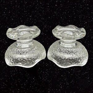 Vintage Anchor Hocking Crinkle Clear Glass Candle Holder Set Reversible Marked